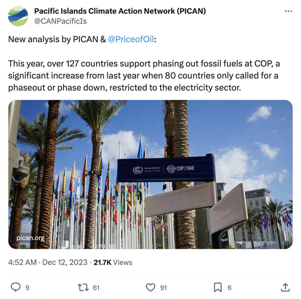Pacific Islands Climate Action Network on X: Countries support fossil fuels phase out at COP28