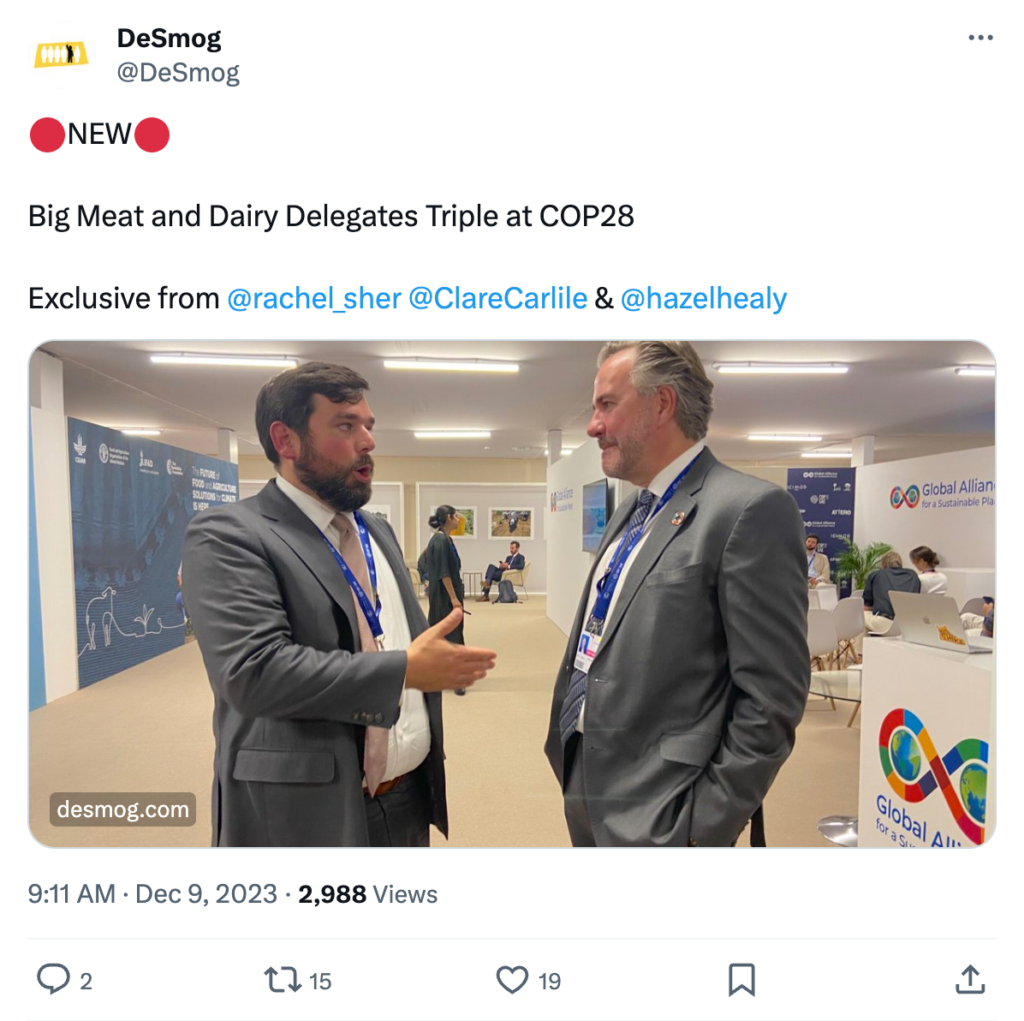 Tweet from DeSmog (@DeSmog) saying New Big Meat and Dairy Delegates Triple at COP28. Exclusive from @rachel_sher @ClareCarlile & @hazelhealy