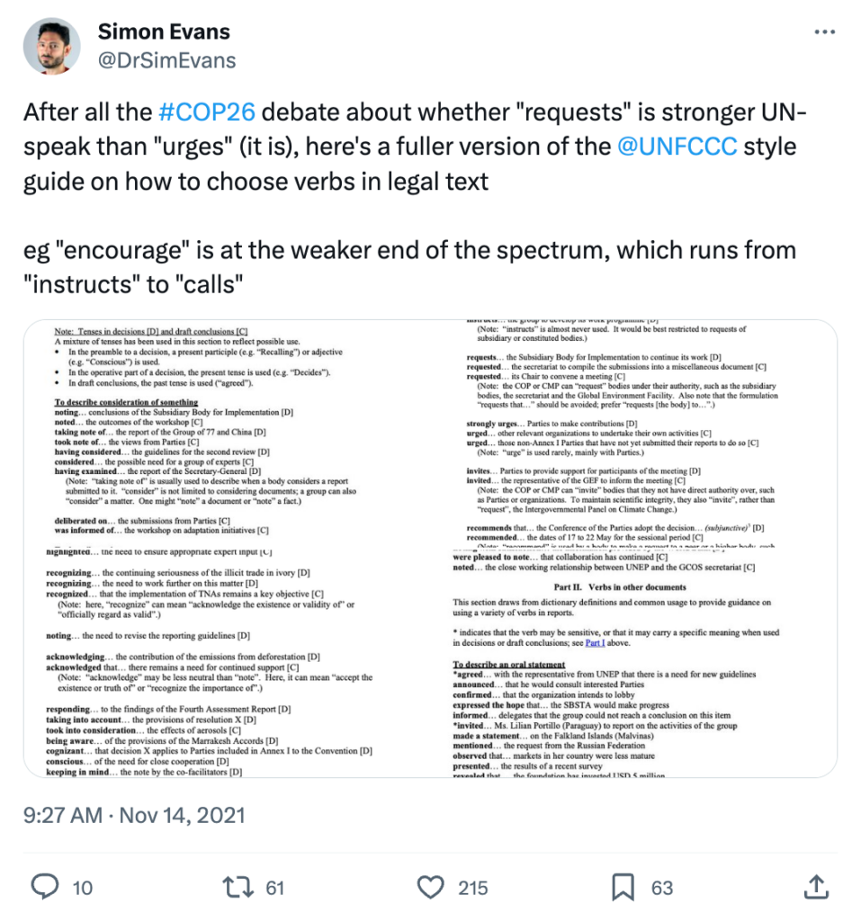 @DrSimEvans on X: After all the #COP26 debate about whether "requests" is stronger UN-speak than "urges" (it is), here's a fuller version of the 
@UNFCCC
 style guide on how to choose verbs in legal text
