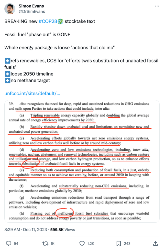 Simon Evans on X: Fossil fuel phase out is gone