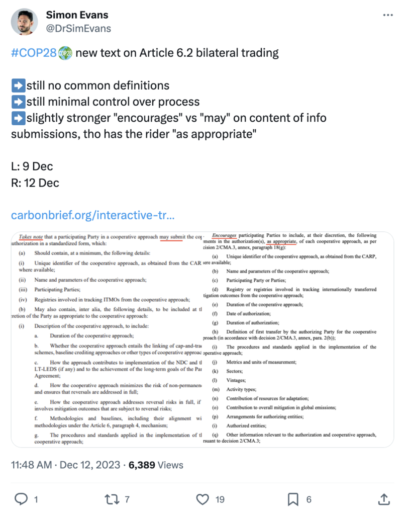 Simon Evans on X: COP28 new text on Article 6.2 bilateral trading