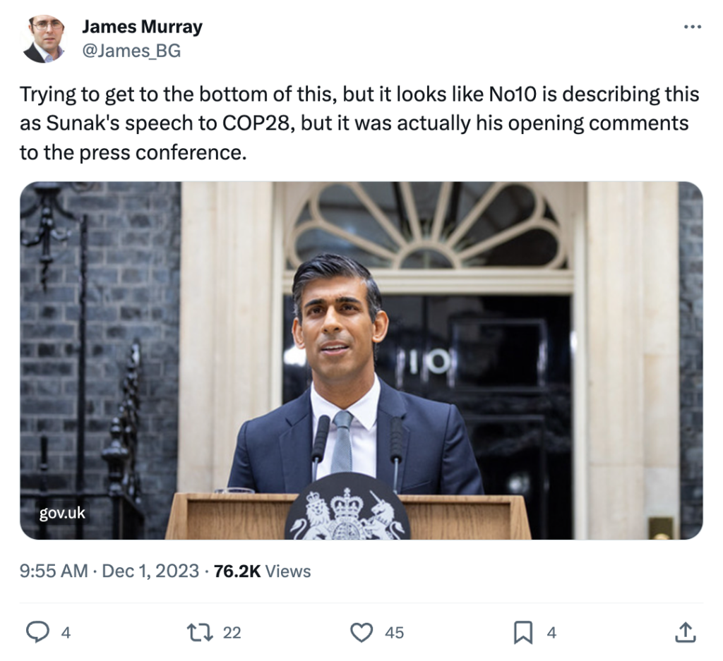 James Murray on X: Sunak's speech to COP28