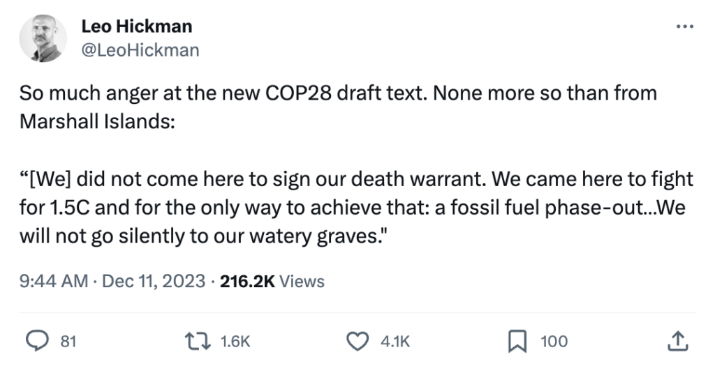 Leo Hickman on X: So much anger at new COP28 draft text