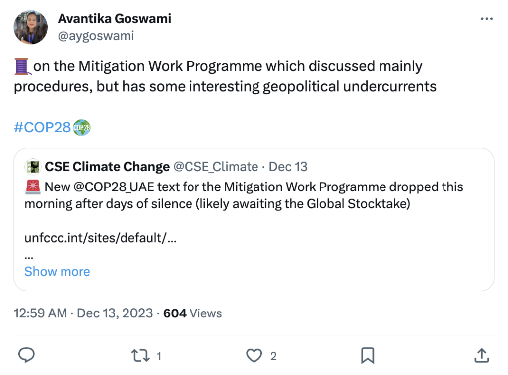 Avantika Goswami on X: On the mitigation Work Programme at COP28