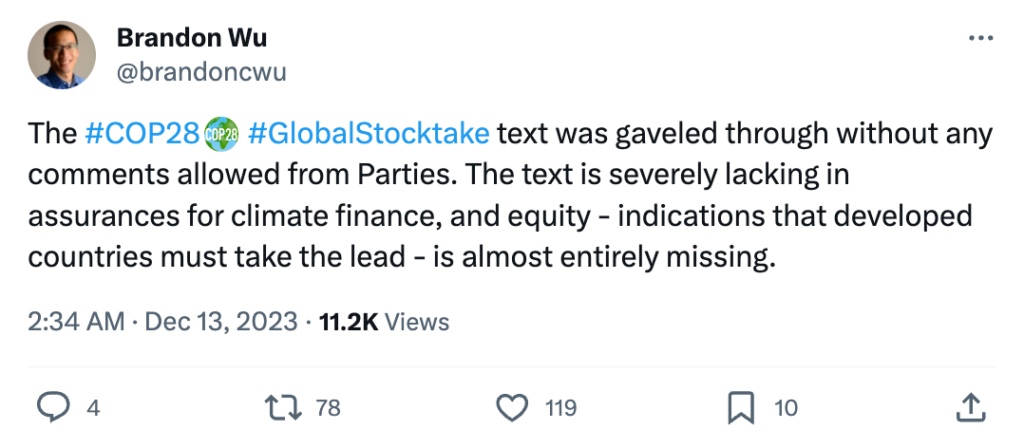 Brandon Wu on X: COP28 Global stocktake text gaveled through.