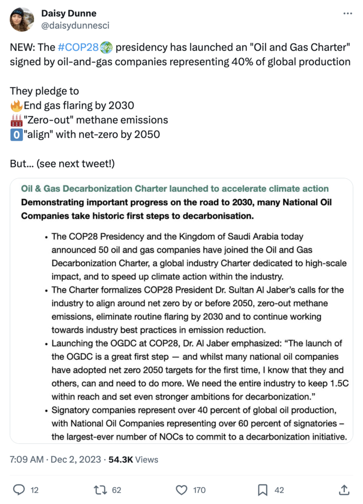 Daisy Dunne on X: COP28 presidency launches Oil and Gas charter