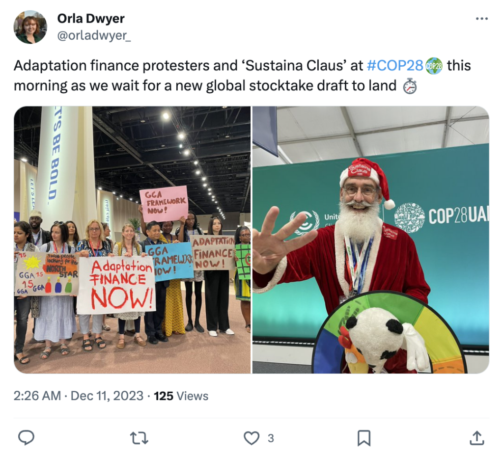 Orla Dwyer on X: Adaptation finance protesters and Sustaina Claus at COP28