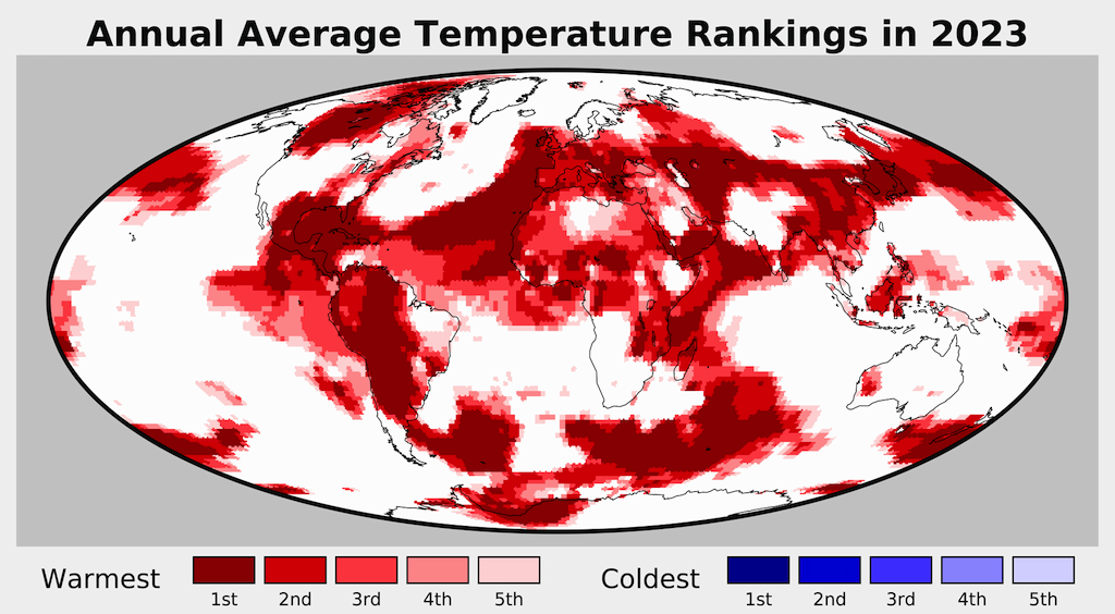 Annual average temperature rankings in 2023