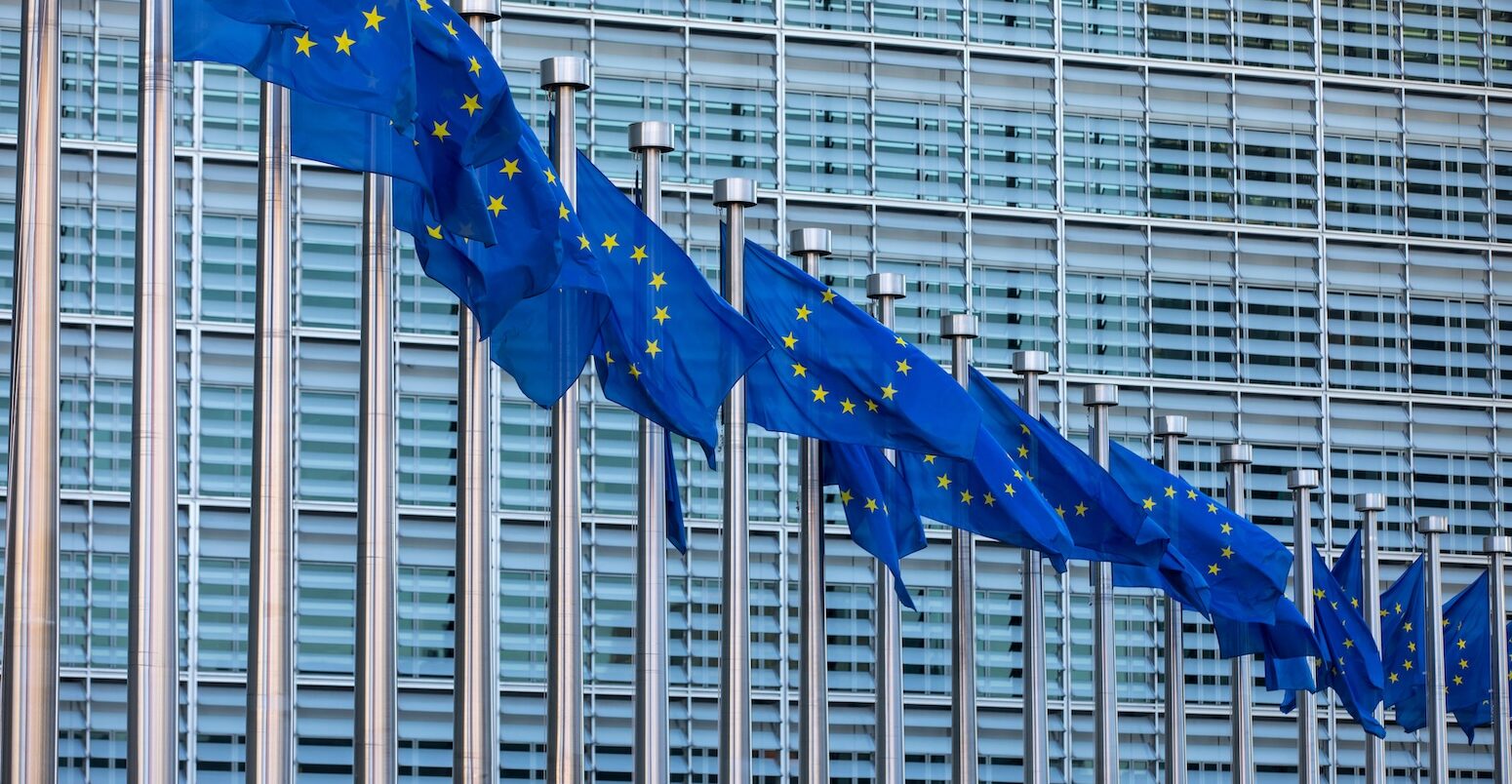 EU flags in front of the the European Commission, Brussels, Belgium.