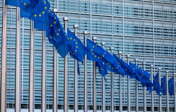 EU flags in front of the the European Commission, Brussels, Belgium.