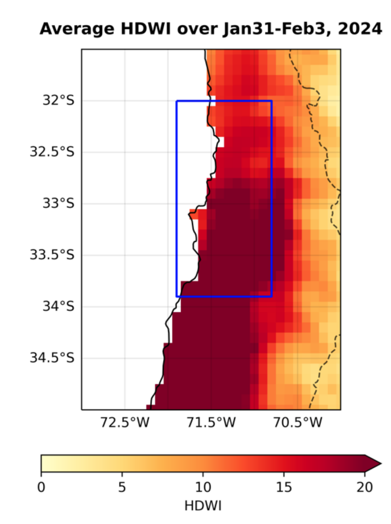 The maximum of average four-day HDWI that occurred between 31 January 31 and 4 February 2024, using the ERA5-Land reanalysis dataset.