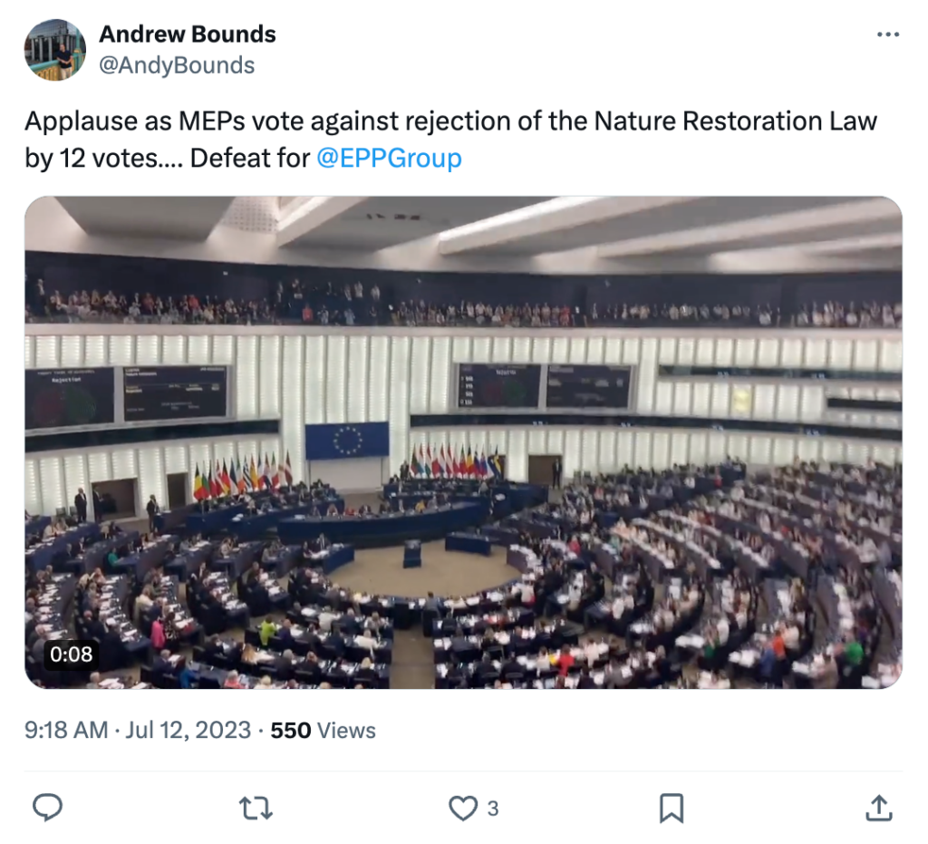 Andrew Bounds on X: Applause as MEPs vote against rejection of the Nature Restoration Law by 12 votes