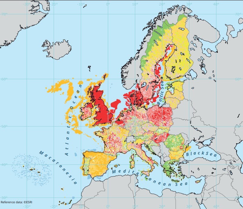 Distribution of the conservation status around the EU and UK, with green indicating good condition and yellow and red indicating poor and bad condition, respectively.