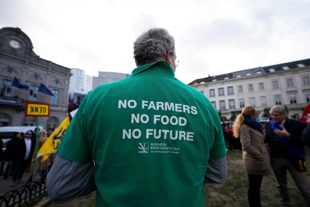 A protester at a French and Belgian farmer demonstration outside the European parliament in Brussels, Belgium on 24 January 2024.