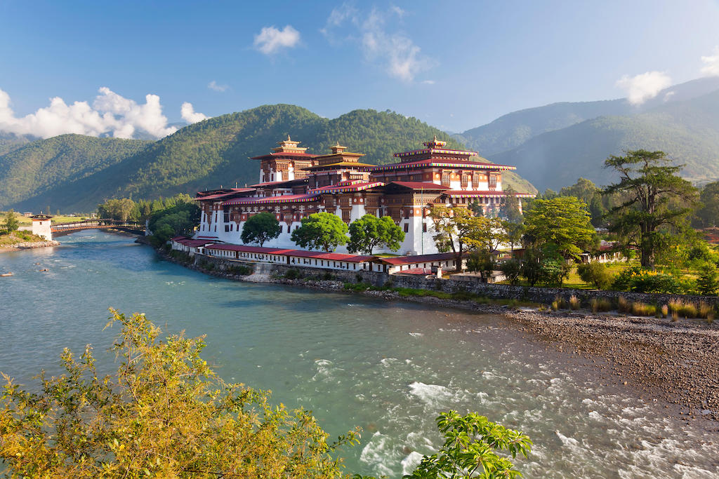 The Punakha Dzong (monastery) in Punakha, Bhutan. 