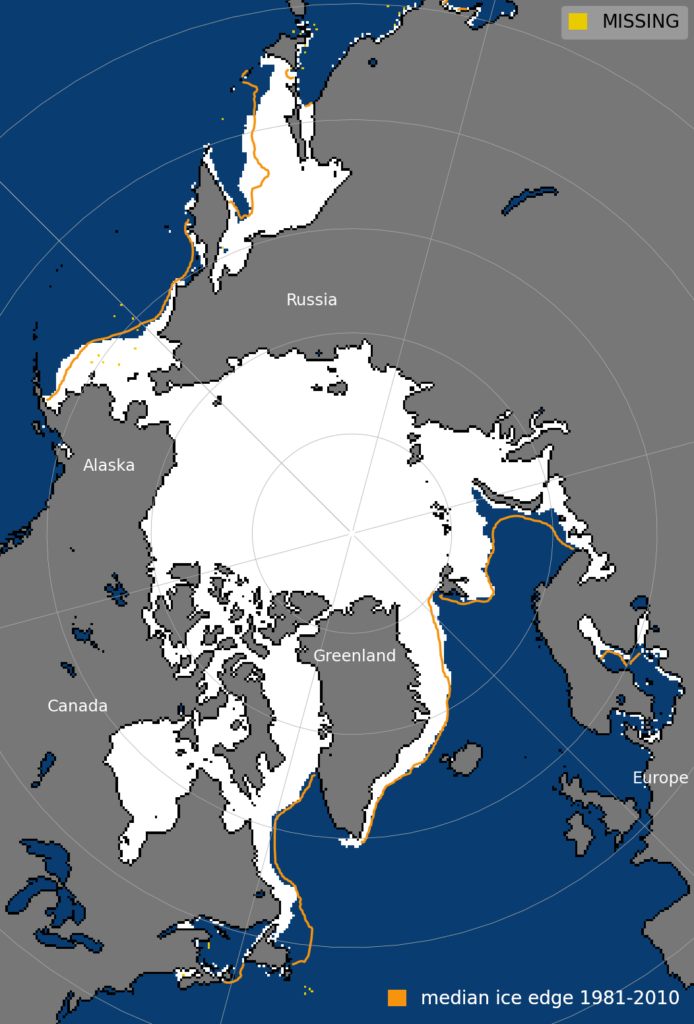 Arctic sea ice extent on 14 March 2024. Median sea ice edge for 1981-2010 is shown in orange. 