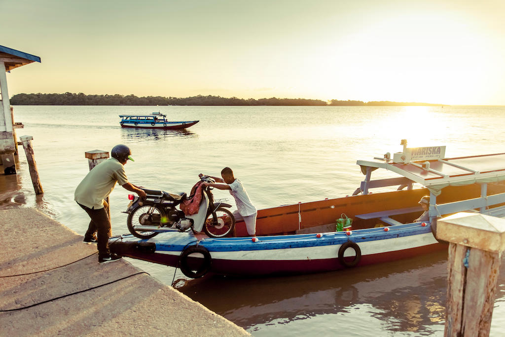 Colorful traditional boats on the Suriname river. 