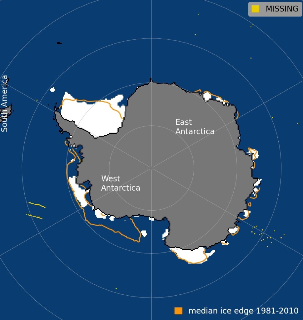 Antarctic sea ice extent on 20 February 2024. Median sea ice edge for 1981-2010 is shown in orange.