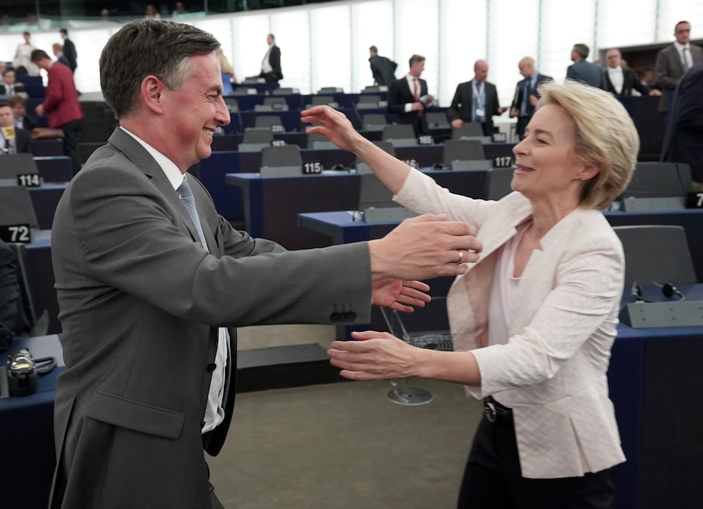 German MEP David McAllister congratulating Ursula von der Leyen on the announcement of the European parliament election results in Strasbourg, France on 16 July 2019.