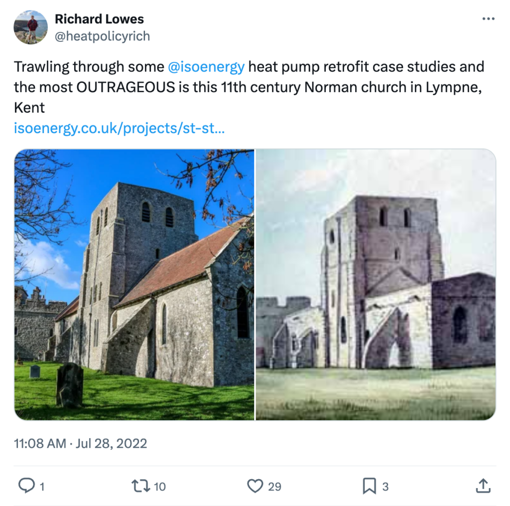 Tweet from Richard Lowes (@heatpolicyrich): Trawling through some @isoenergy heat pump retrofit case studies and the most OUTRAGEOUS is this 11th century Norman church in Lympne, Kent