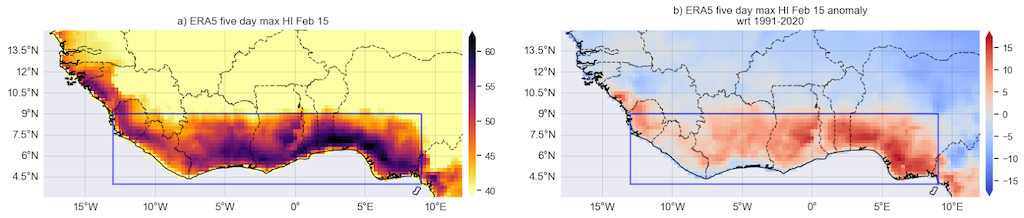 Five-day average heat index over 11-15 February (left), and the difference compared to the 1991-2020 average (right), using ERA5 reanalysis data.