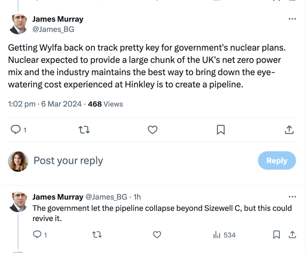 James Murray on X: Getting Wylfa back on track pretty key for government's nuclear plans. 