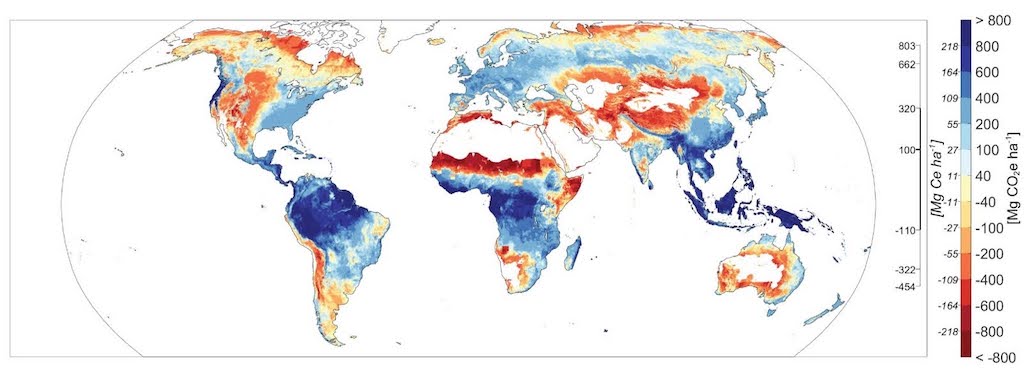 Map showing the net climate impact of tree-planting, accounting for both albedo change and carbon storage to estimate maximum climate mitigation in carbon dioxide equivalents (CO2e) per hectare. 