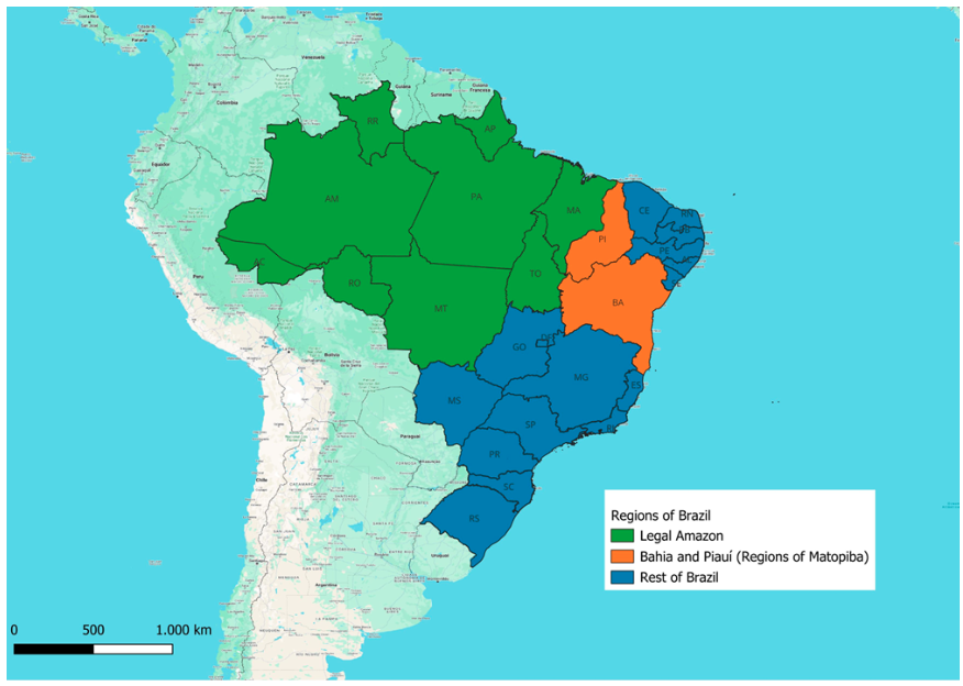 Brazil divided into three regions: the legal Amazon (green), the regions of Matopiba (orange) and the rest of Brazil (blue). The black borders indicate the demarcation between different states. Note that the states of Maranhão (MA) and Tocantins (TO) belong to both the legal Amazon and the Matopiba region. Credit: Dr Terciane Sabadini Carvalho