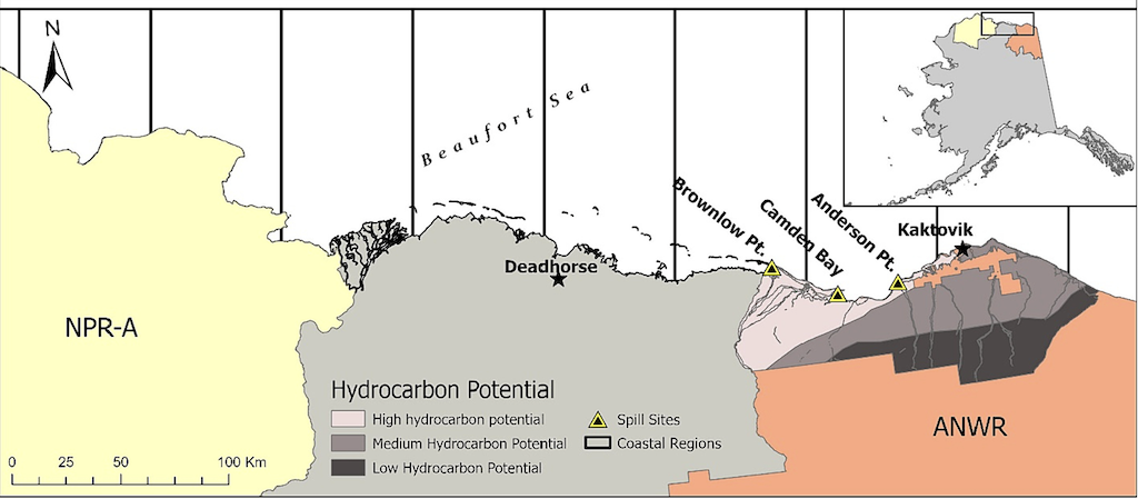 Region of simulated oil spills (hazard symbols) within the ANWR. Grey shading is used to highlight oil potential. Credit: Wilson et al. (2024)
