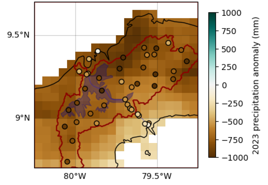 May-December precipitation around Gatún Lake in 2023, compared to the 1990-2020 average. 