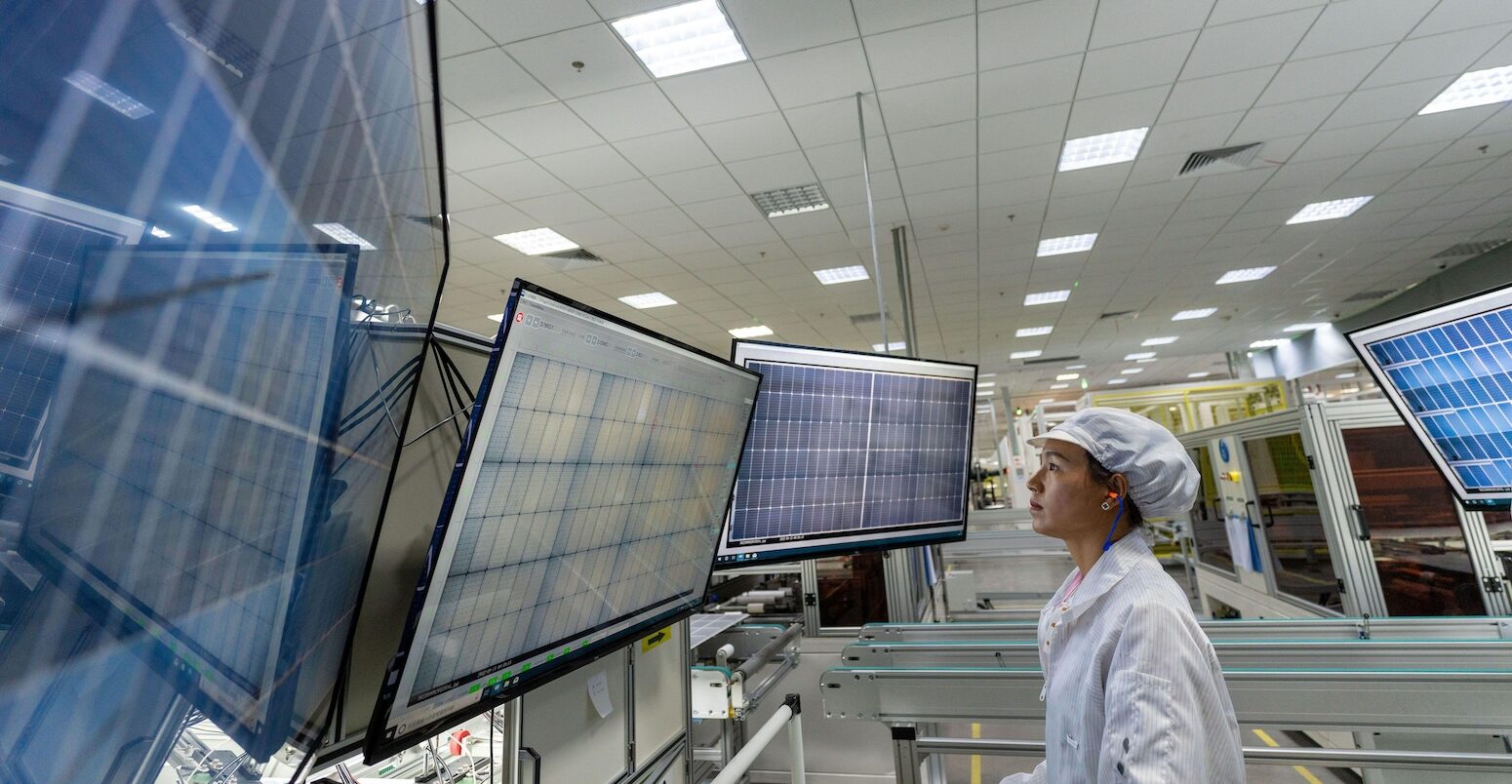 Solar photovoltaic module production, China.
