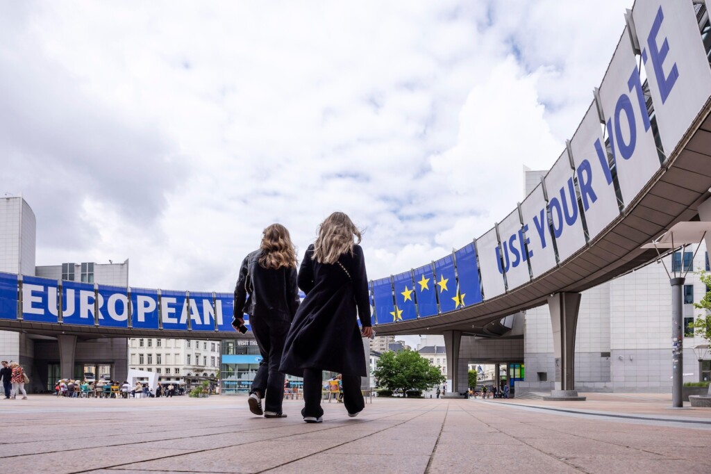 People outside the European Parliament prior to an elections debate, Brussels, 23 May 2024.