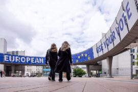 People outside the European Parliament prior to an elections debate, Brussels, 23 May 2024.