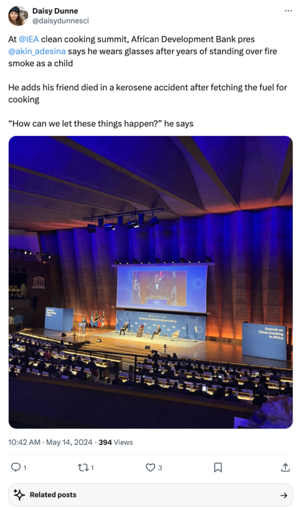 Tweet from @daisydunnesci (Daisy Dunne): At @IEA clean cooking summit, African Development Bank pres @akin_adesina says he wears glasses after years of standing over fire smoke as a child He adds his friend died in a kerosene accident after fetching the fuel for cooking “How can we let these things happen?” he says