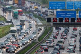 Heavy traffic on the Autobahn A8 motorway, near Stuttgart, Germany.