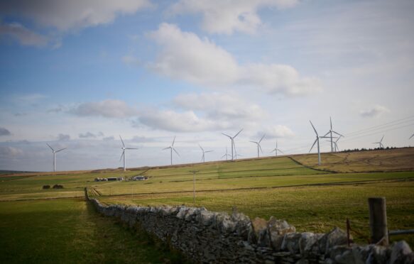 Wind Turbines on a onshore windfarm, Scotland, UK.