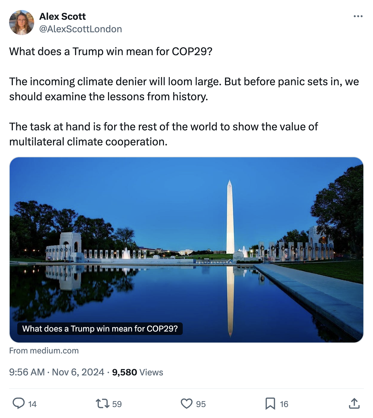 Alex Scott on X/Twitter (@AlexScottLondon): What does a Trump win mean for COP29? The incoming climate denier will loom large. But before panic sets in, we should examine the lessons from history. The task at hand is for the rest of the world to show the value of multilateral climate cooperation.