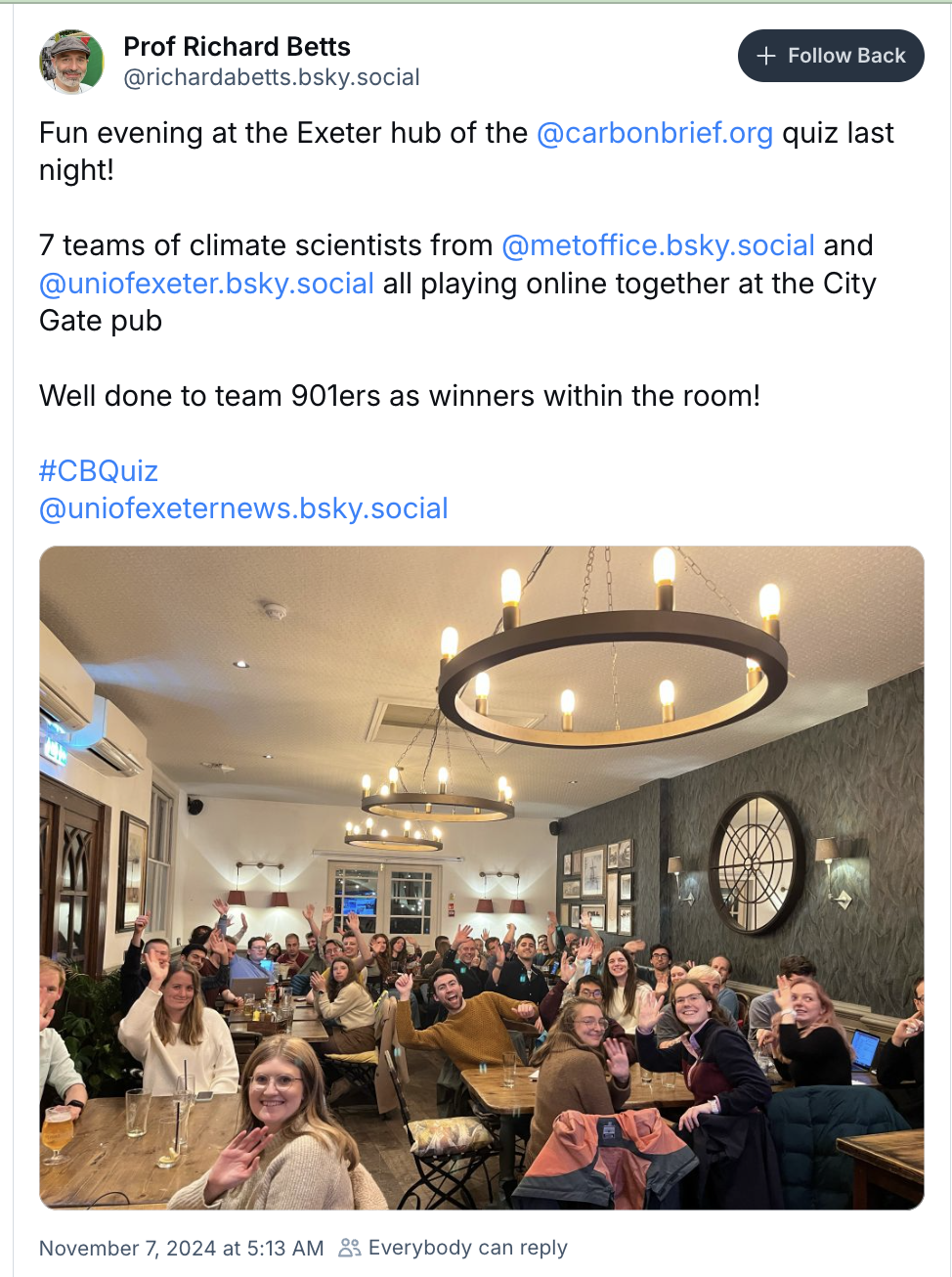 Prof Richard Betts on Bluesky: Fun evening at the Exeter hub of the
carbonbrief quiz last night!