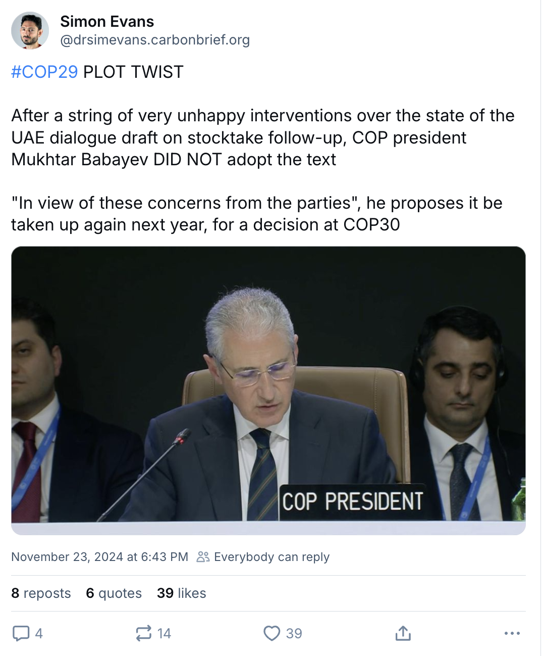 Simon Evans on Bluesky: COP29 plot twist