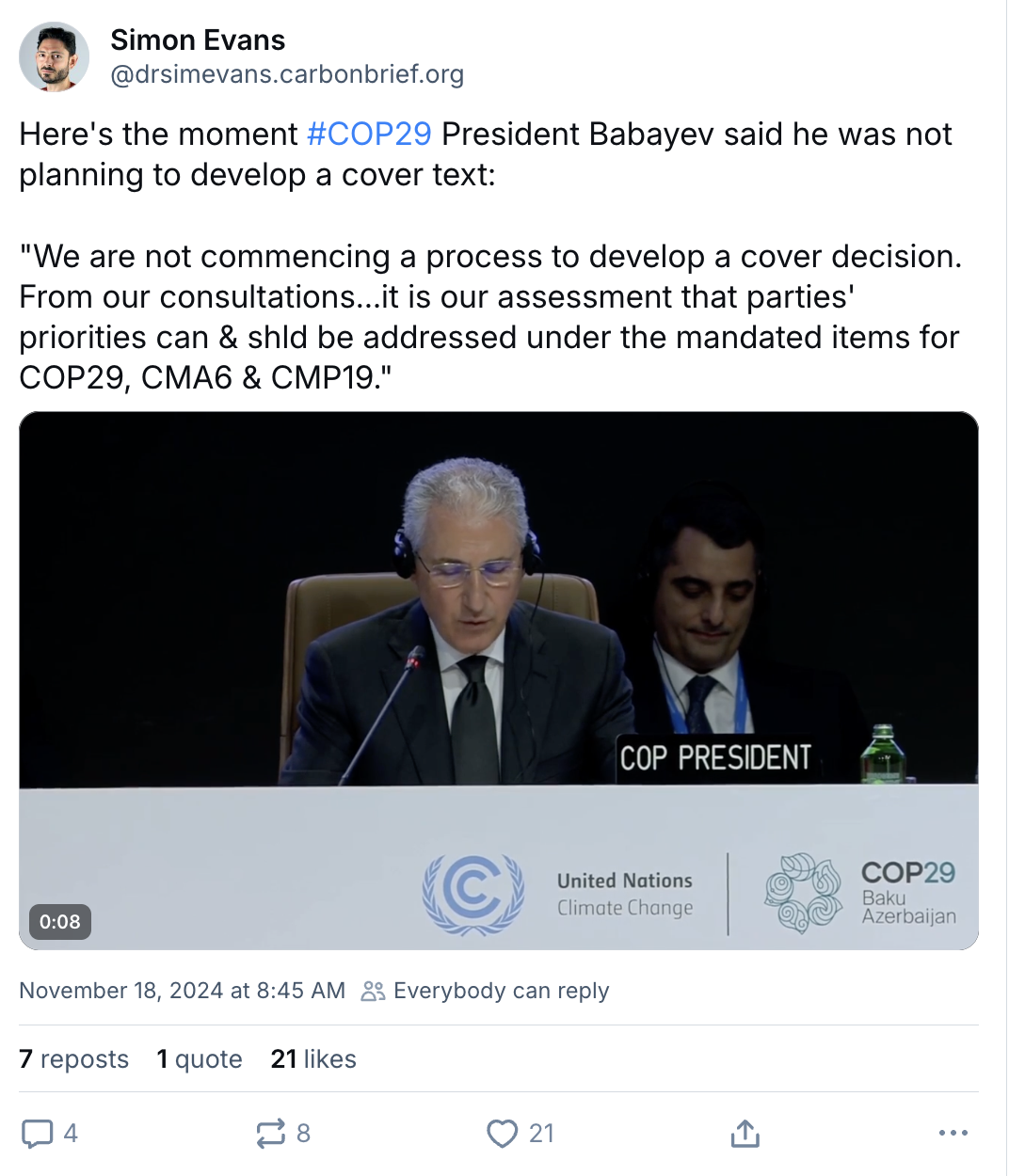 Simon Evans on Bluesky: Moment COP29 President Babayev said he was not planning to develop a cover text.