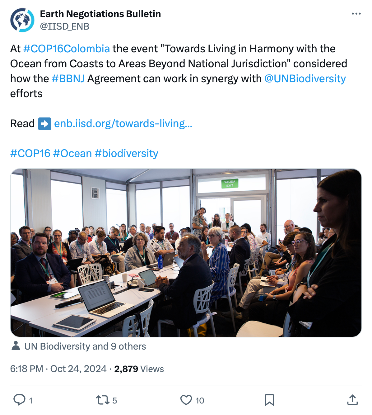 Earth Negotiations Bulletin on X/Twitter (@IISD_ENB): At #COP16Colombia the event "Towards Living in Harmony with the Ocean from Coasts to Areas Beyond National Jurisdiction" considered how the #BBNJ Agreement can work in synergy with @UNBiodiversity efforts Read ➡️ https://enb.iisd.org/towards-living-harmony-ocean-coasts-areas #COP16 #Ocean #biodiversity