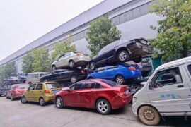 Cars to be dismantled parked at a scrapped motor vehicle recycling enterprise in Qingzhou city, Shandong province, China. Credit: Sipa US / Alamy Stock Photo. Image ID: 2SWEG60.