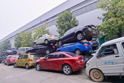 Cars to be dismantled parked at a scrapped motor vehicle recycling enterprise in Qingzhou city, Shandong province, China. Credit: Sipa US / Alamy Stock Photo. Image ID: 2SWEG60.