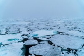 Arctic sea ice in Svalbard, Norway in June.