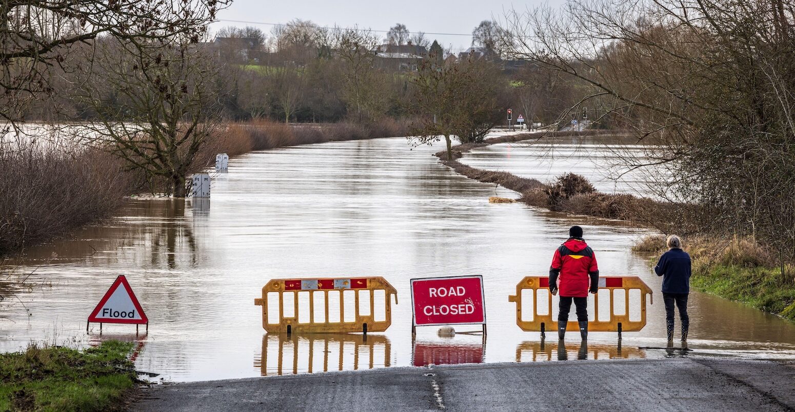The flooded River Avon on the road to Eckington bridge in January 2024.
