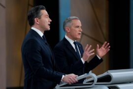 Canadian conservative leader Pierre Poilievre (L) and liberal leader Mark Carney (R) during the English-language federal leaders' debate ahead of Canada's federal election.
