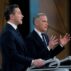 Canadian conservative leader Pierre Poilievre (L) and liberal leader Mark Carney (R) during the English-language federal leaders' debate ahead of Canada's federal election.