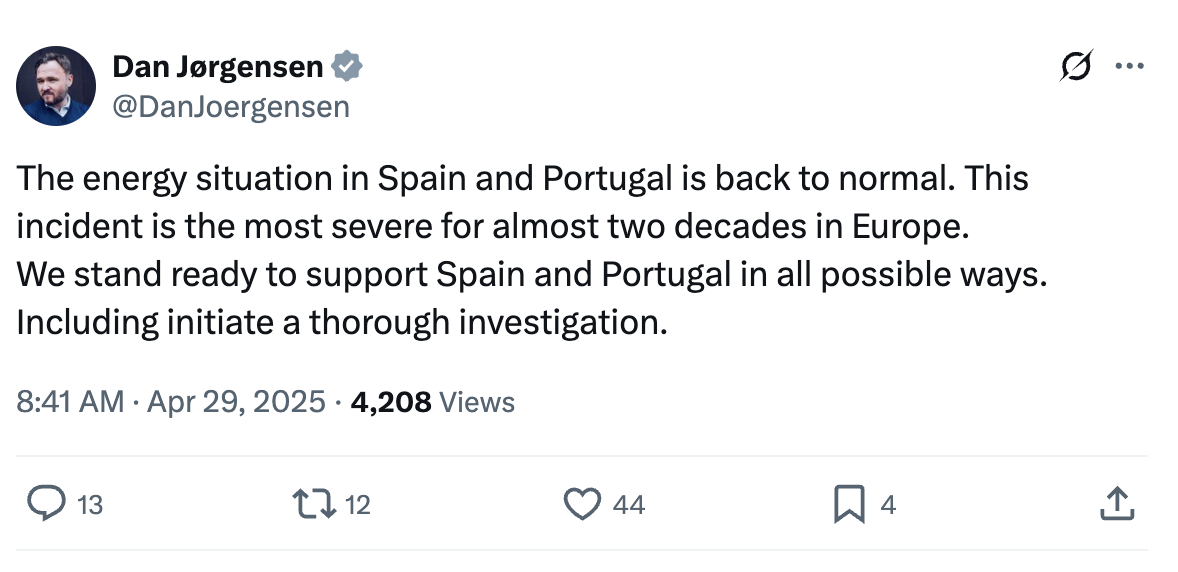 Dan Jørgensen on X: The energy situation in Spain and Portugal is back to normal