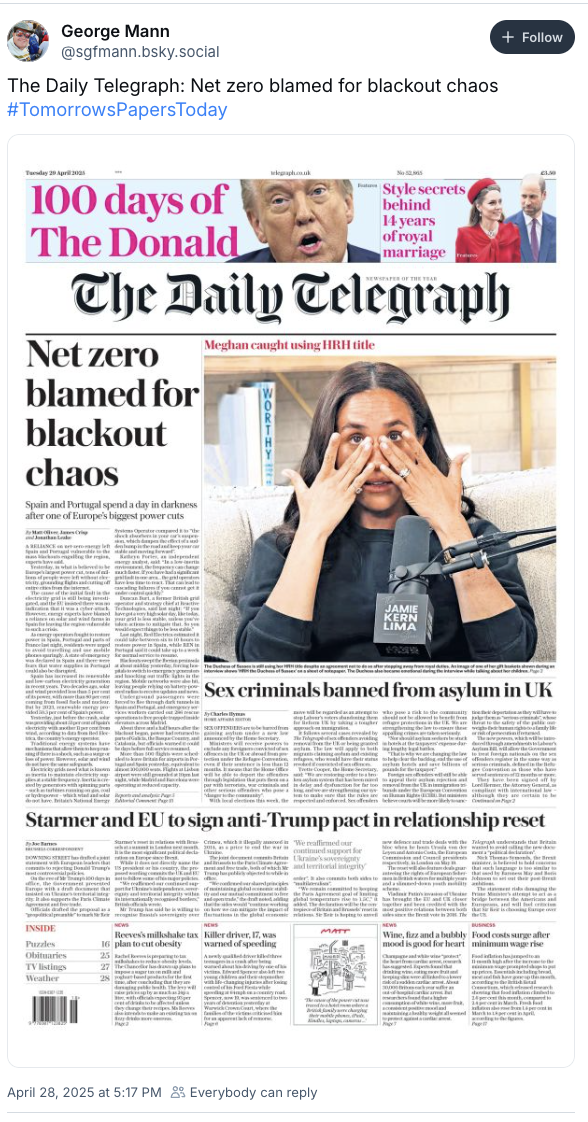 George Mann on Bluesky: The Daily Telegraph: Net zero blamed for blackout chaos 