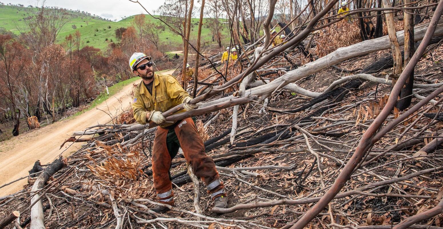 Firefighters clearing debris from wildfires in Victoria, Australia in February 2020. Credit: Interior Department / Alamy Stock Photo. Image ID: 2B8M4MN.